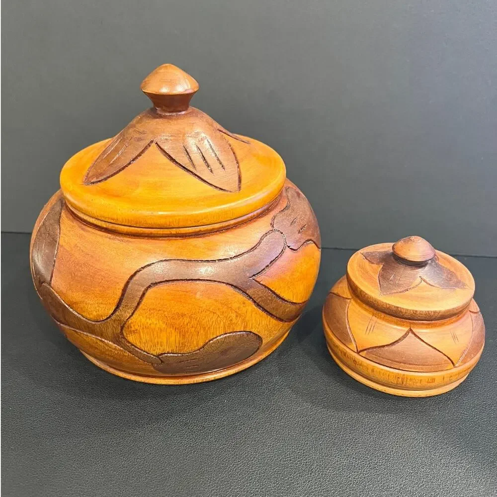 Haitian Hand-Carved Two Toned Monkey Pod Wood Lidded Bowls Vintage Folk Art Fish